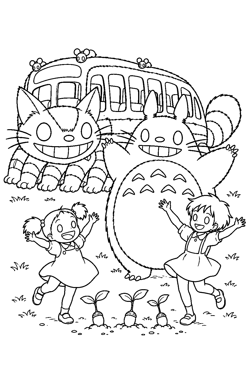 catbus watching totoro and the sisters dance around sprouting acorns line art