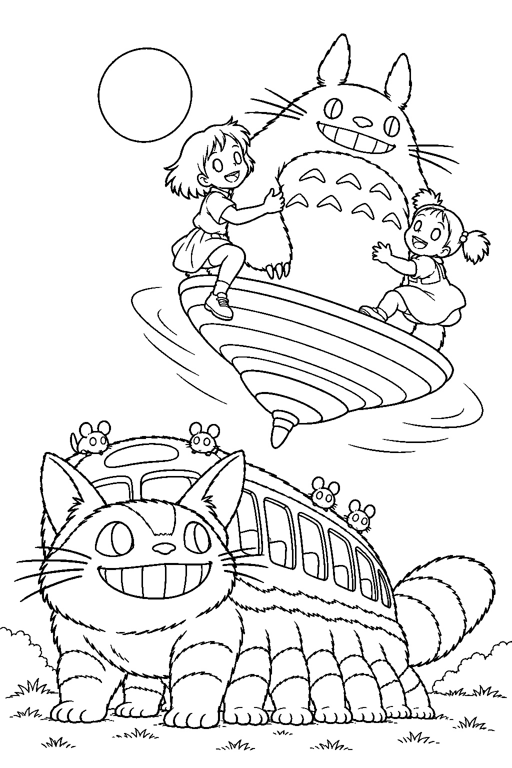catbus watching totoro carry satsuki and mei on his magical flying top line art