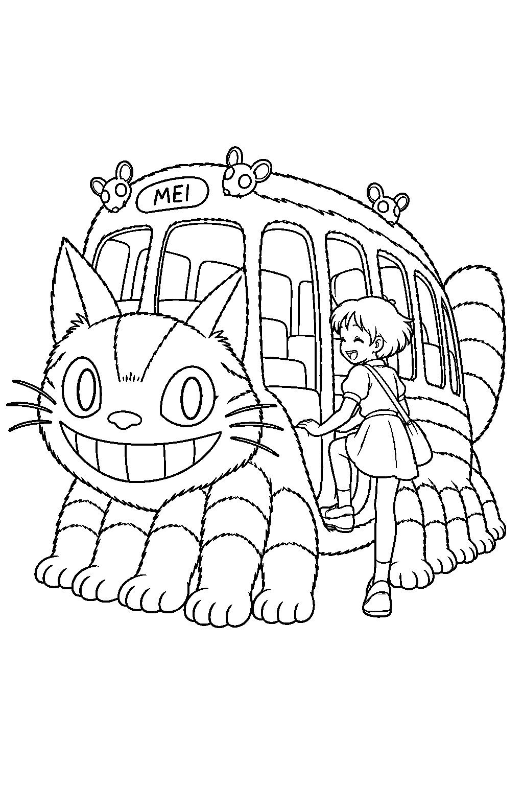 catbus welcoming satsuki aboard beneath a destination sign marked mei line art