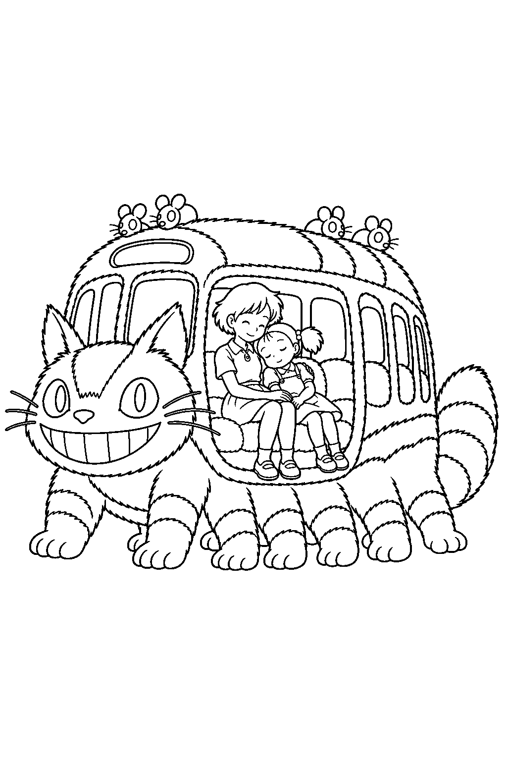 catbus with satsuki comforting sleepy mei inside its fluffy passenger compartment line art