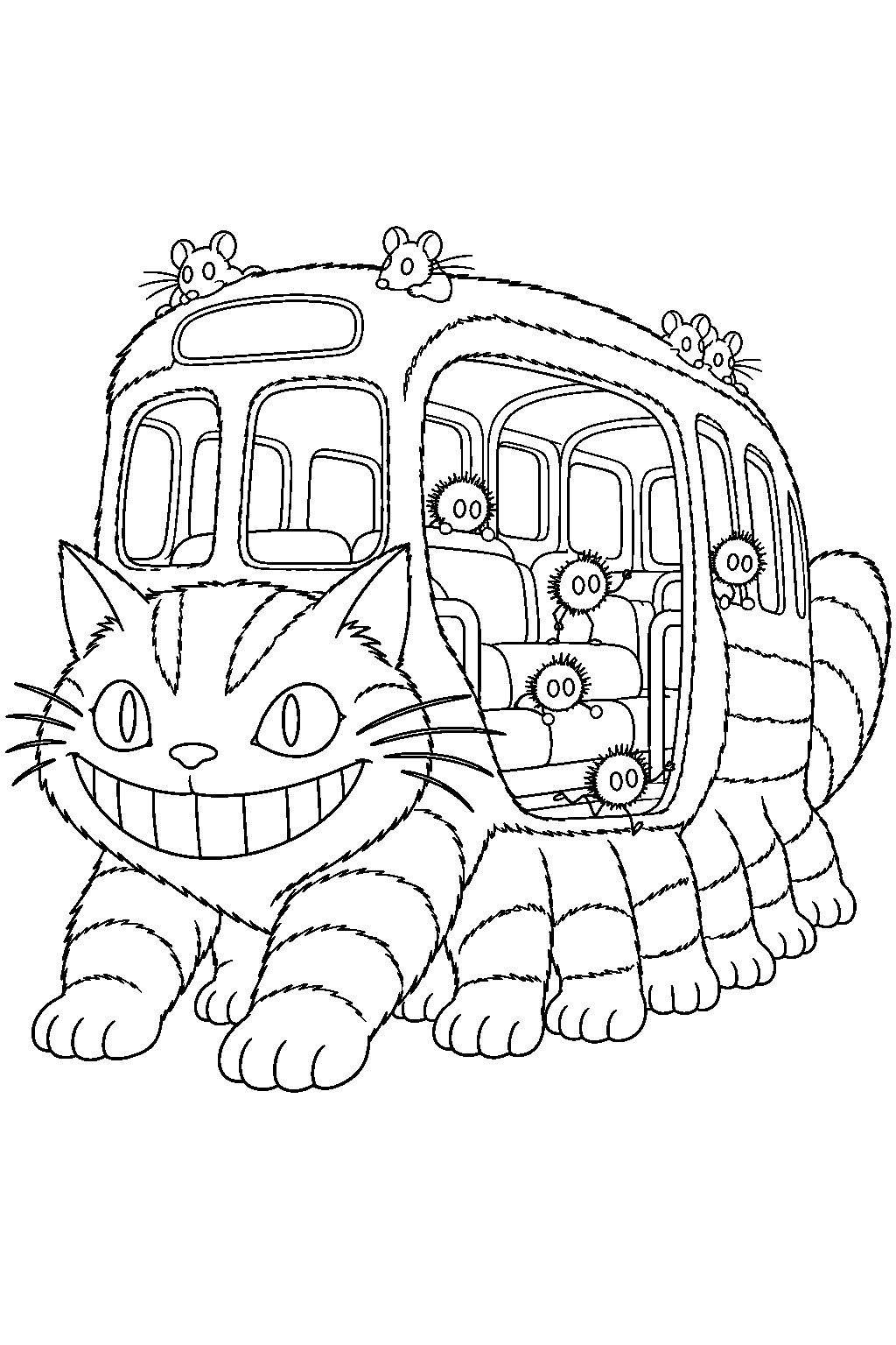 catbus with soot sprites exploring its empty passenger compartment line art