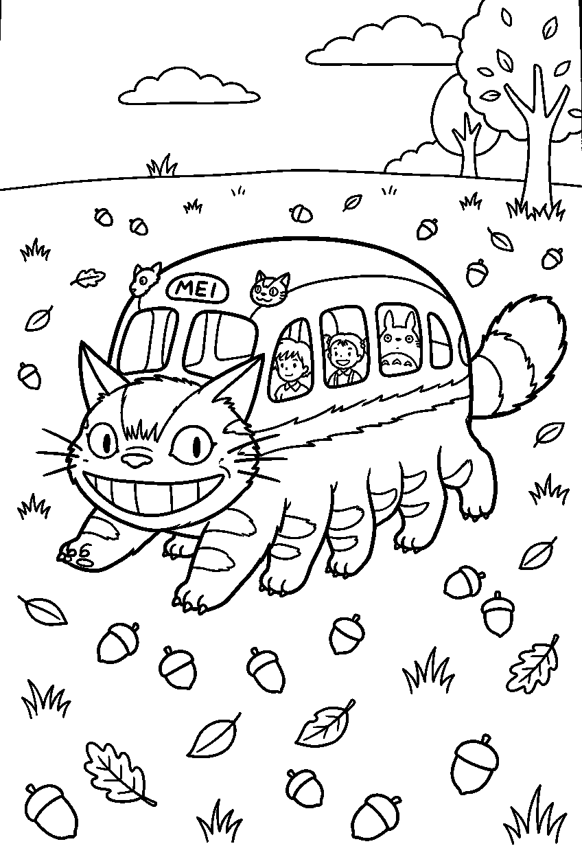 totoro catbus among acorn field line art