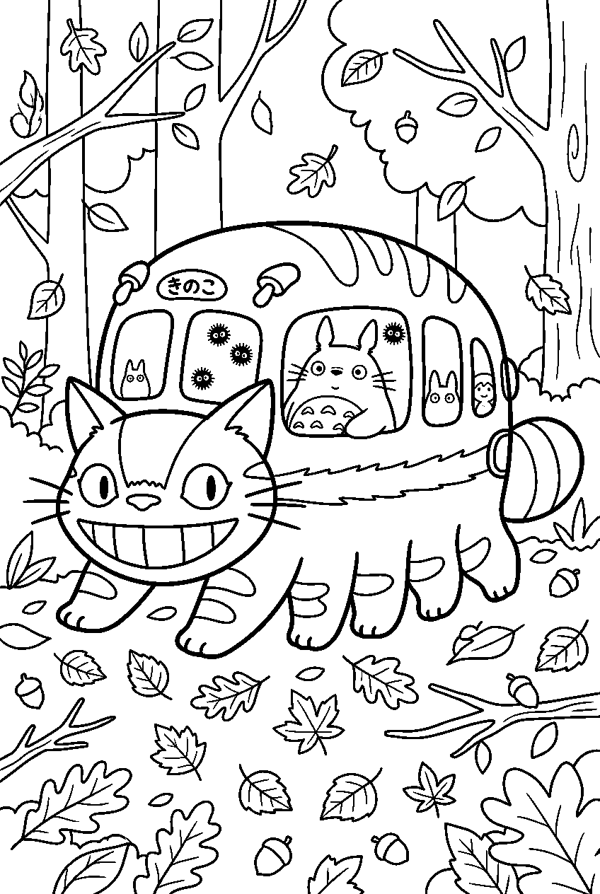 totoro catbus among autumn leaves line art