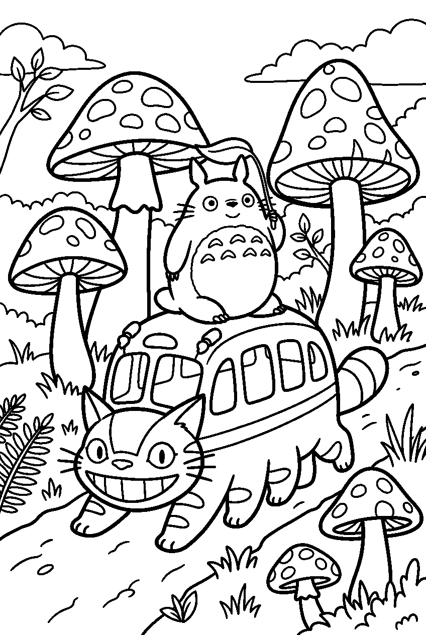 totoro catbus among giant mushrooms line art