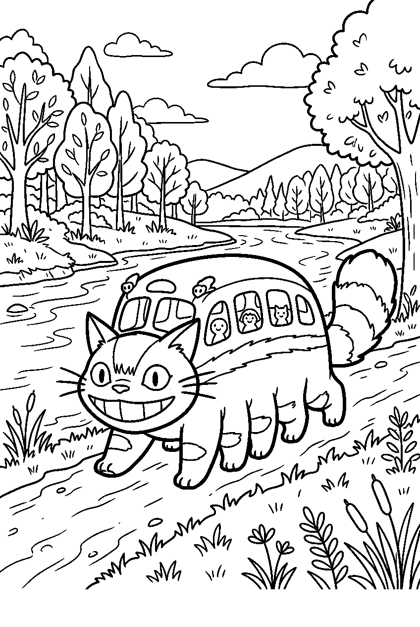 totoro catbus by quiet river line art