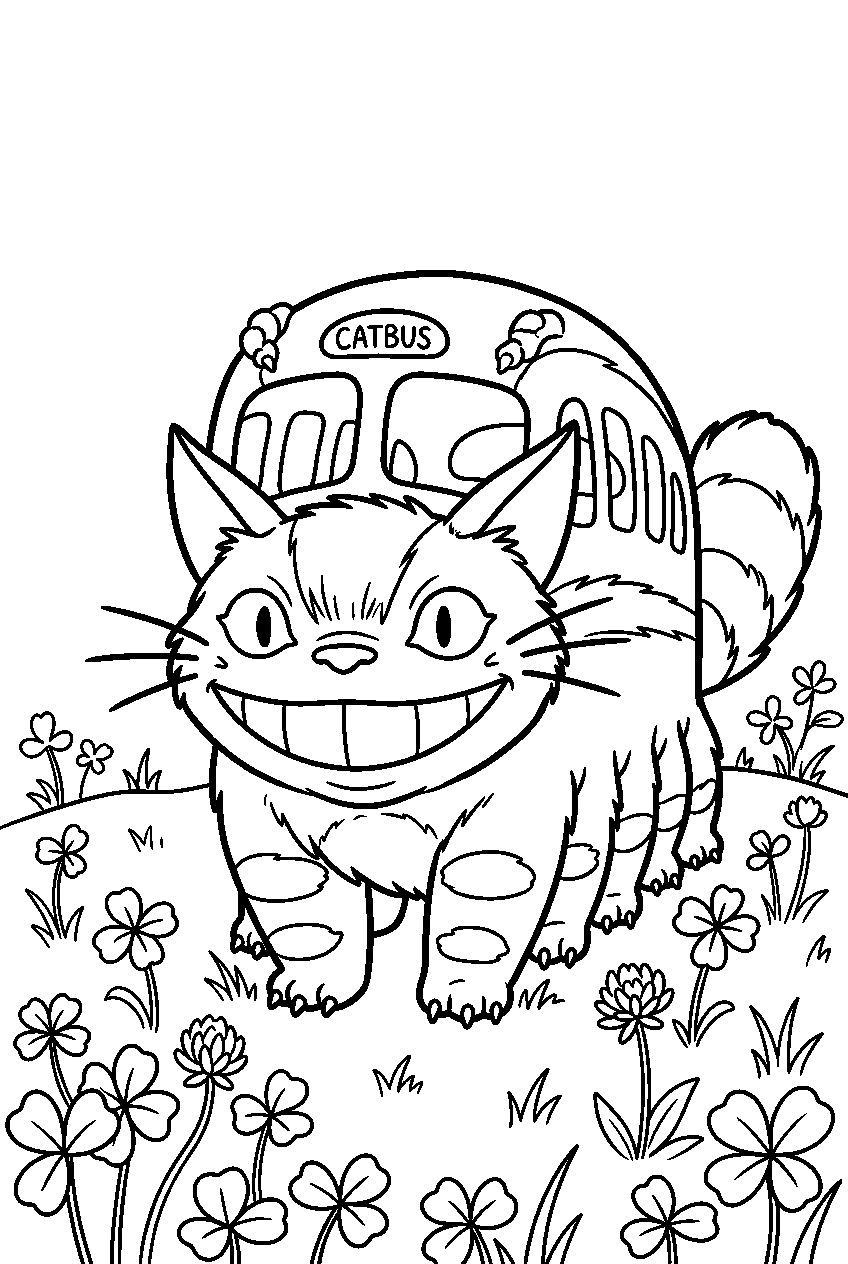 totoro catbus in clover field line art