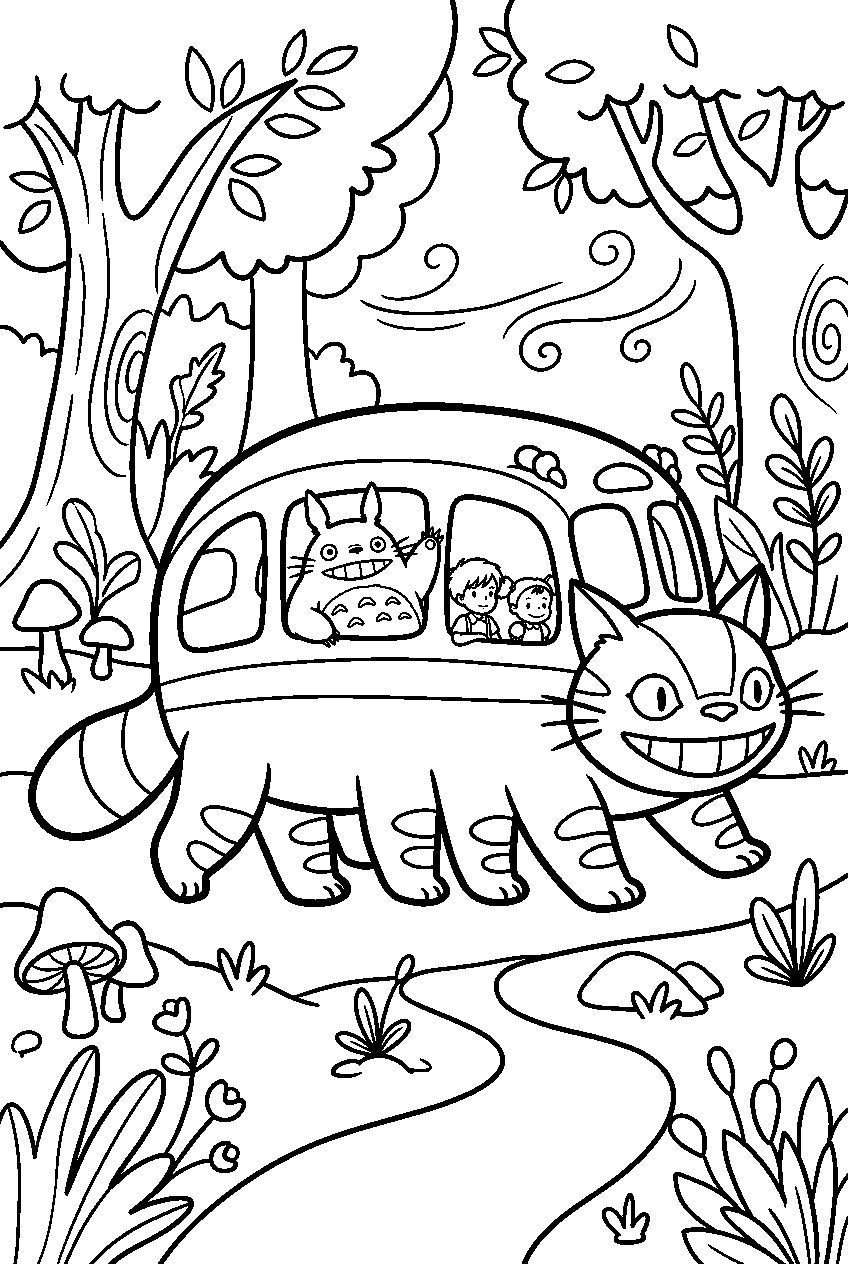 totoro catbus in magical forest line art