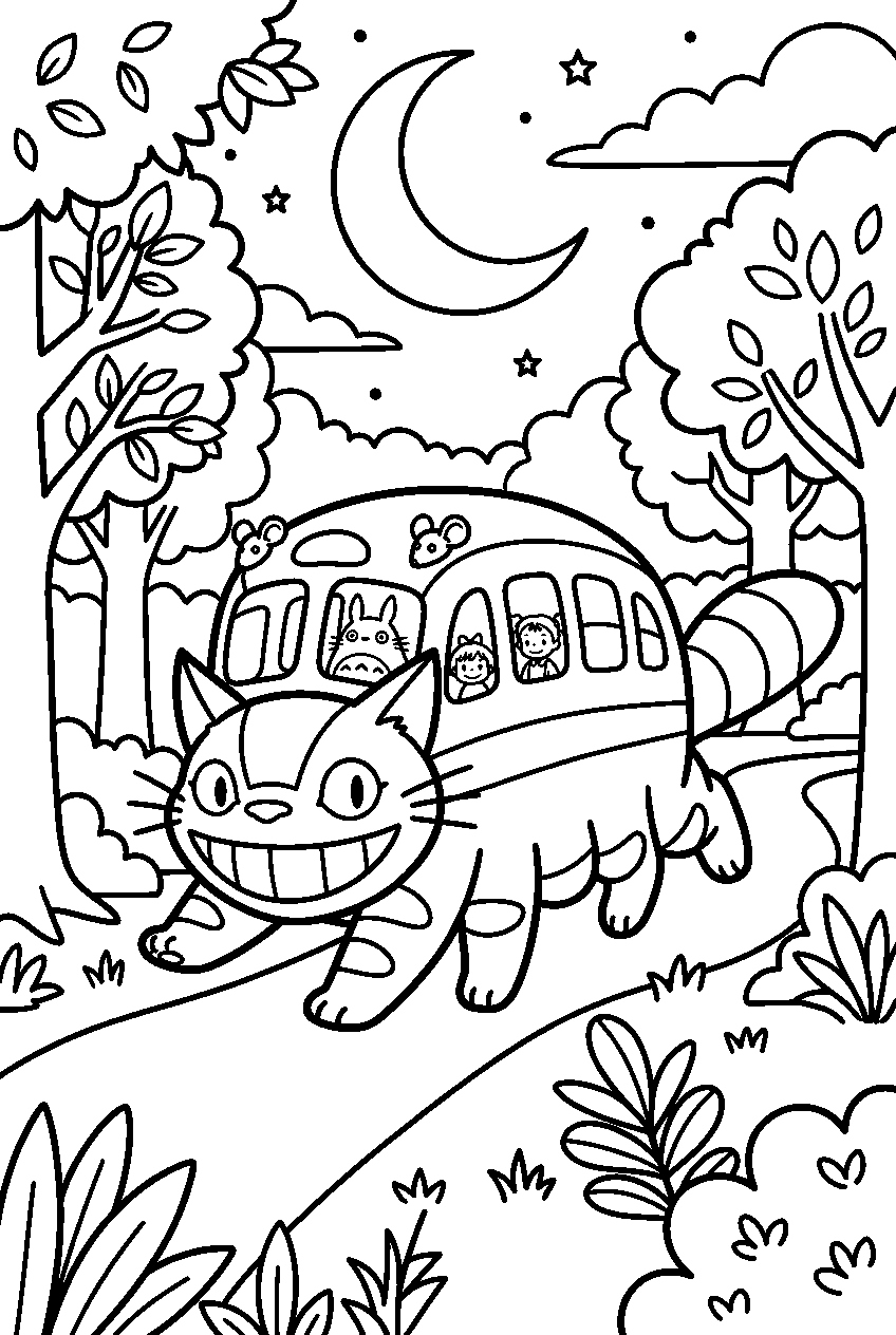 totoro catbus in moonlit forest line art