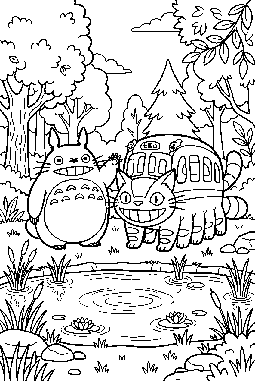 totoro catbus near forest pond line art