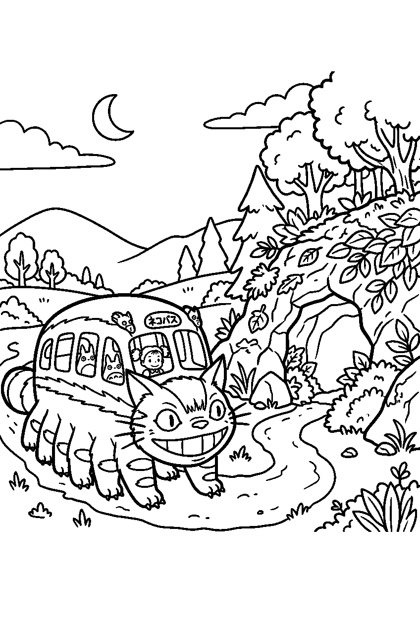 totoro catbus near hidden cave line art