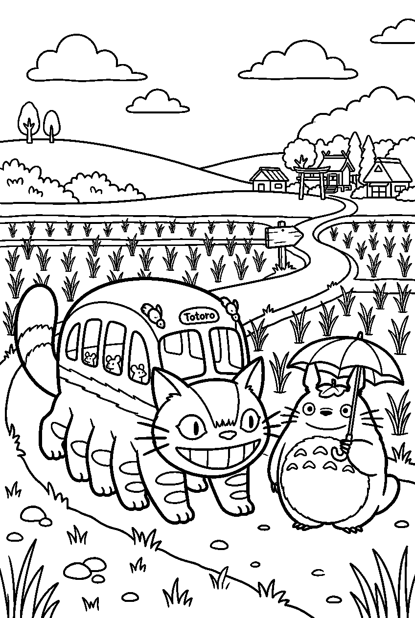 totoro catbus near rice field line art