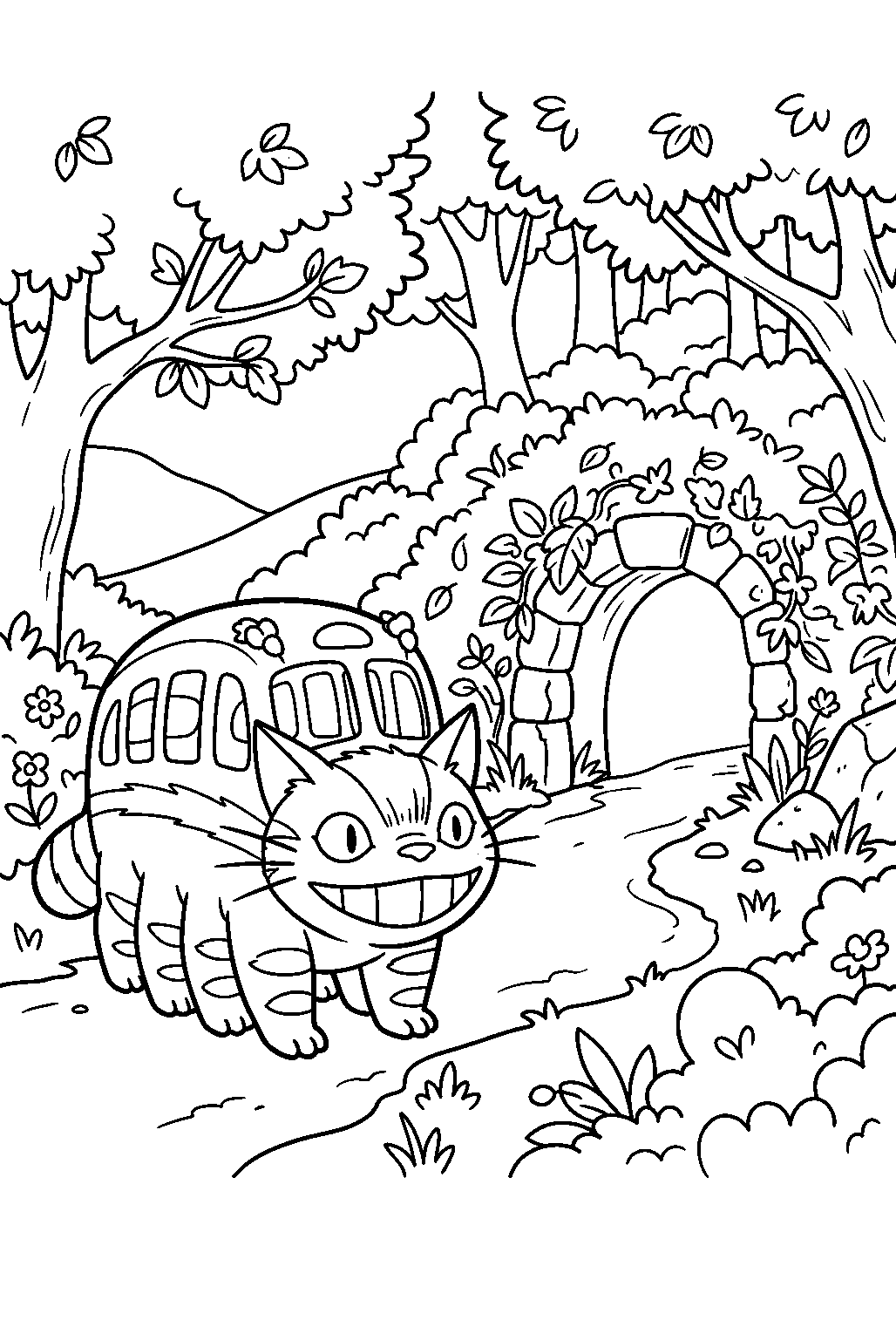 totoro catbus near secret tunnel line art