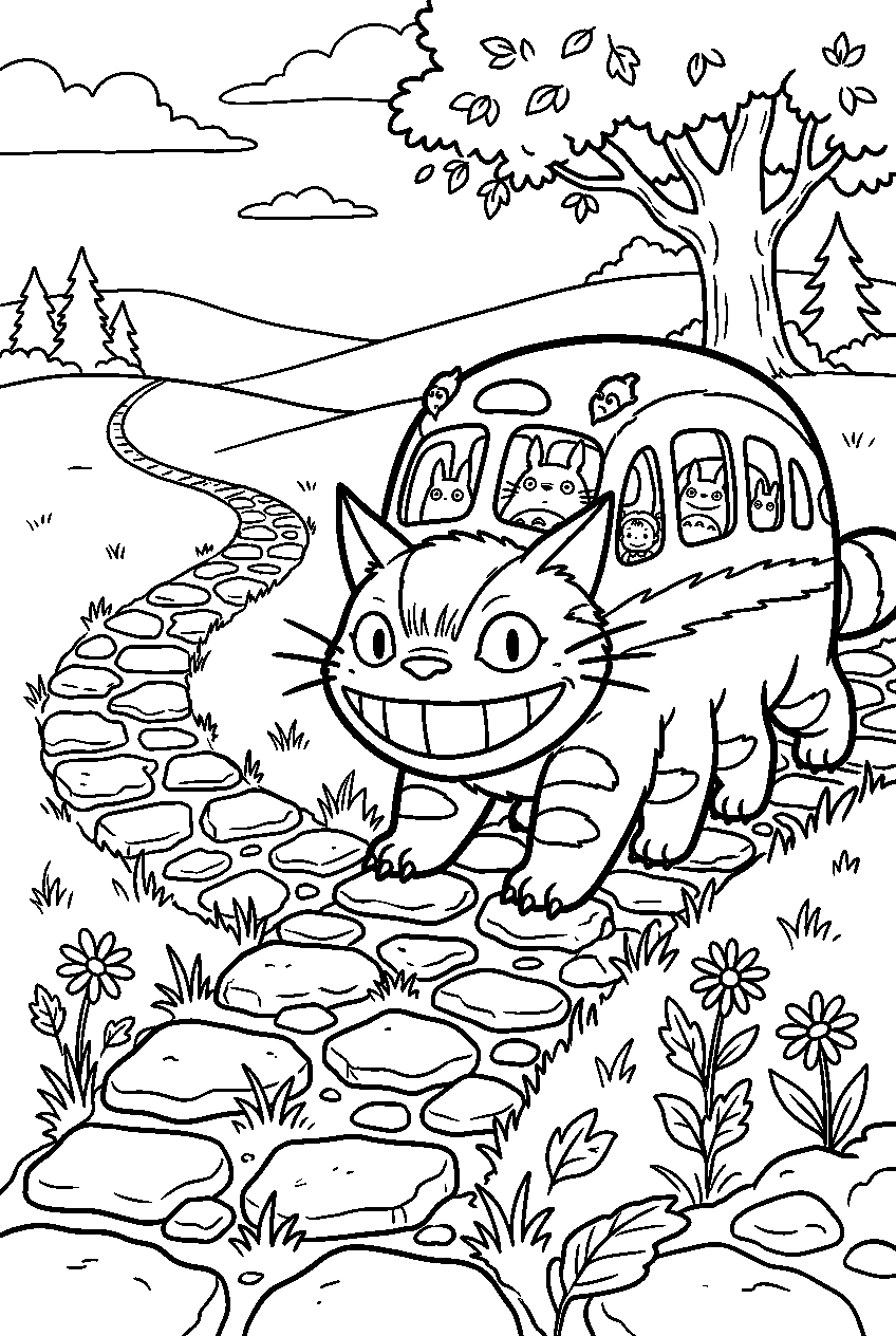 totoro catbus near stone path line art