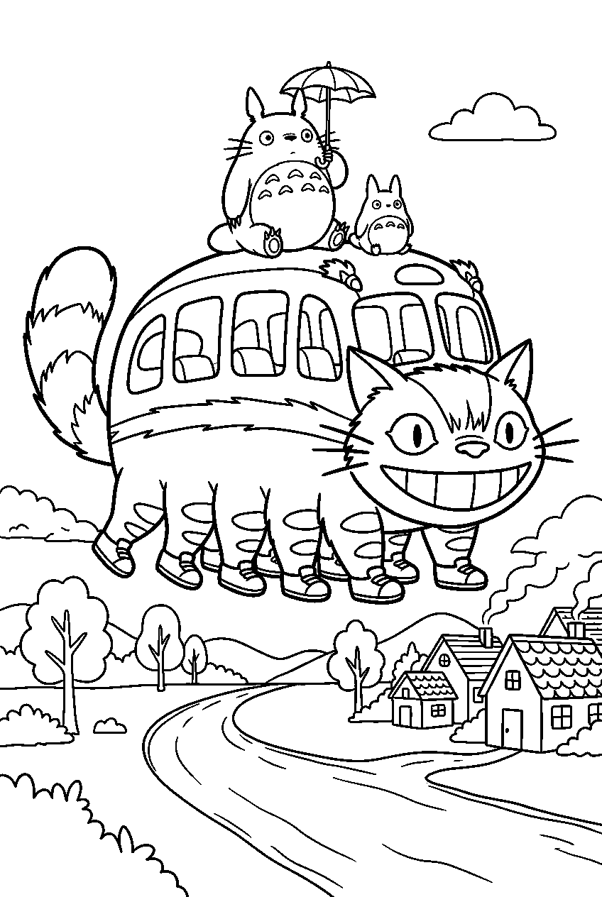 totoro catbus near village road line art