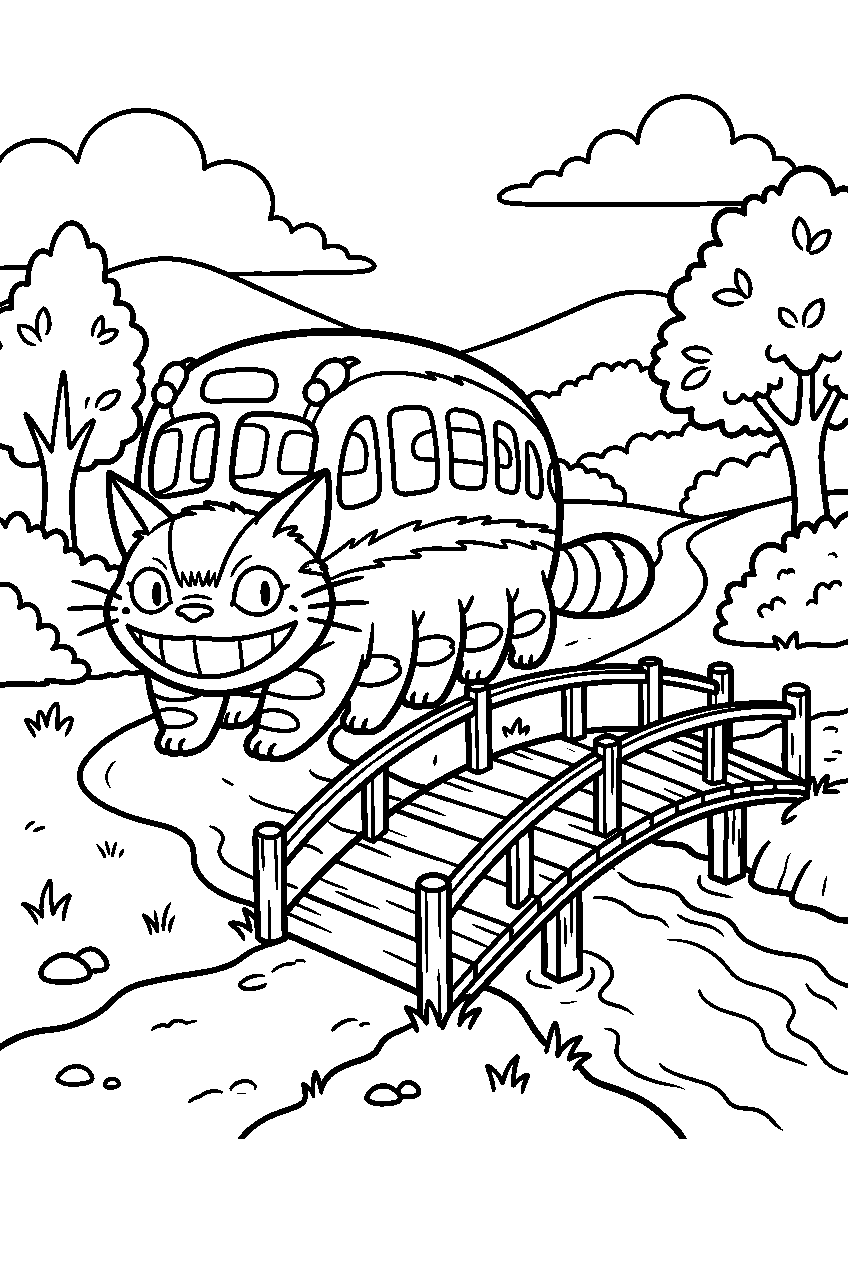 totoro catbus near wooden bridge line art