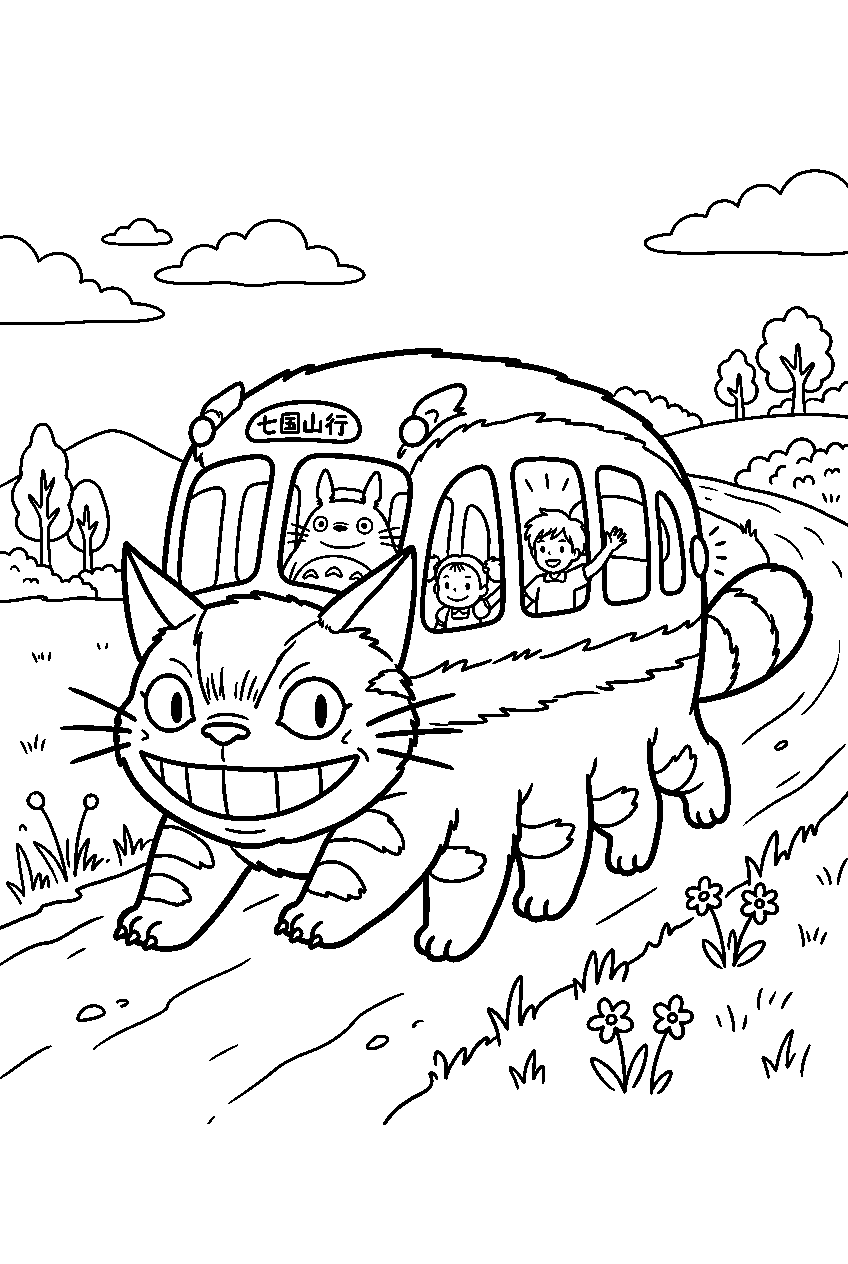 totoro catbus on country road line art