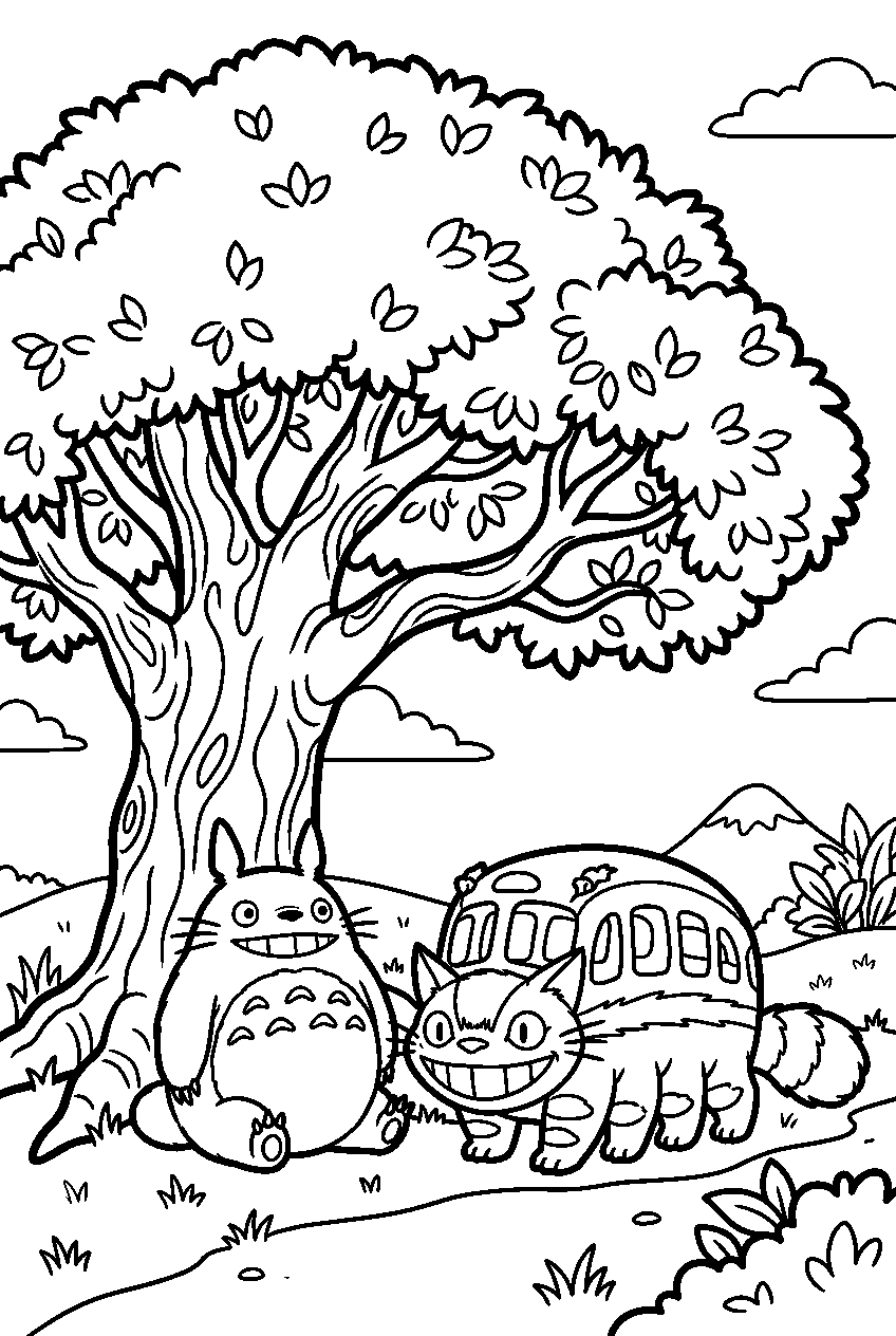 totoro catbus under giant camphor tree line art