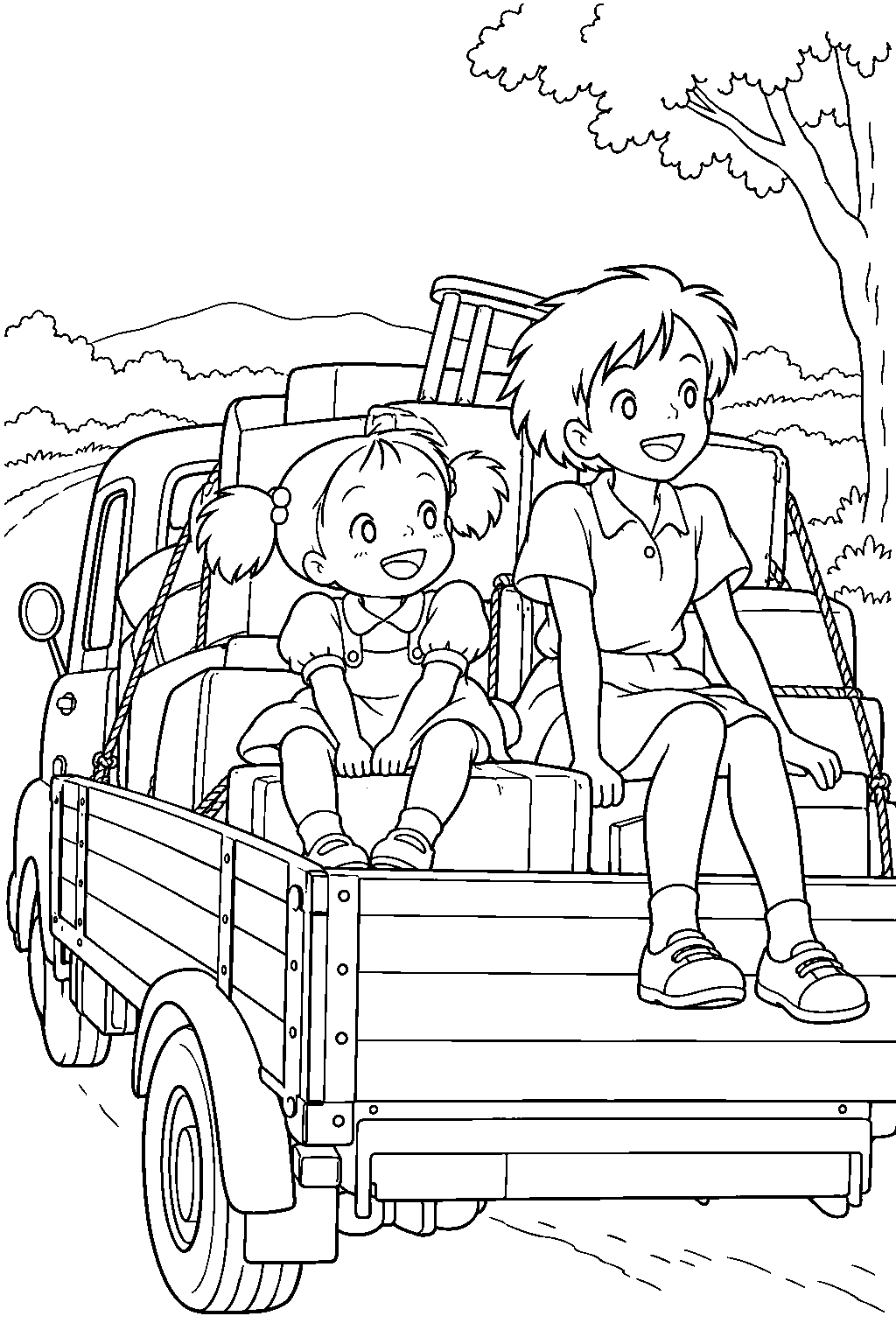 my neighbor totoro mei and satsuki arriving in the countryside on the moving truck line art