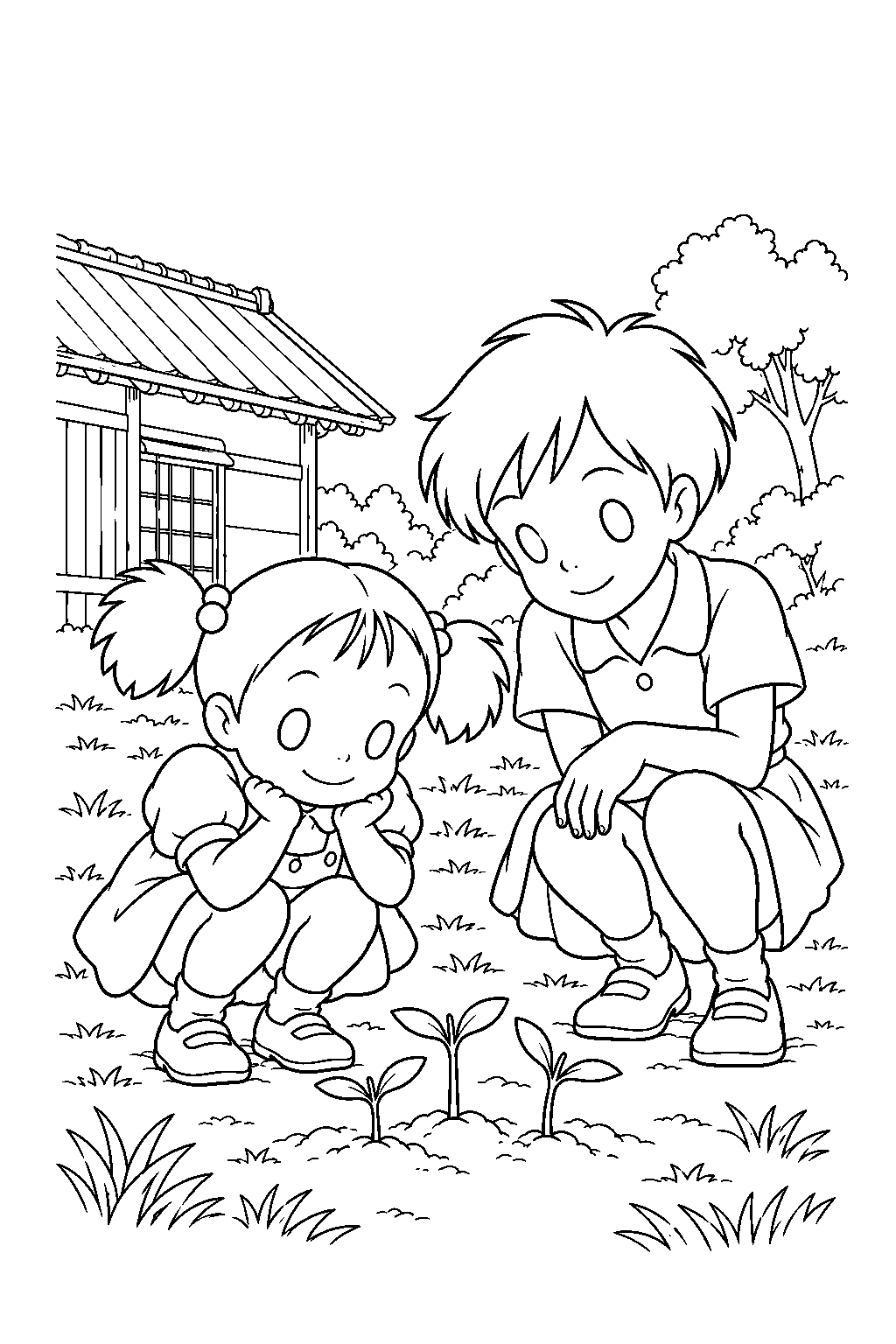 my neighbor totoro mei and satsuki discovering new acorn sprouts in the morning line art
