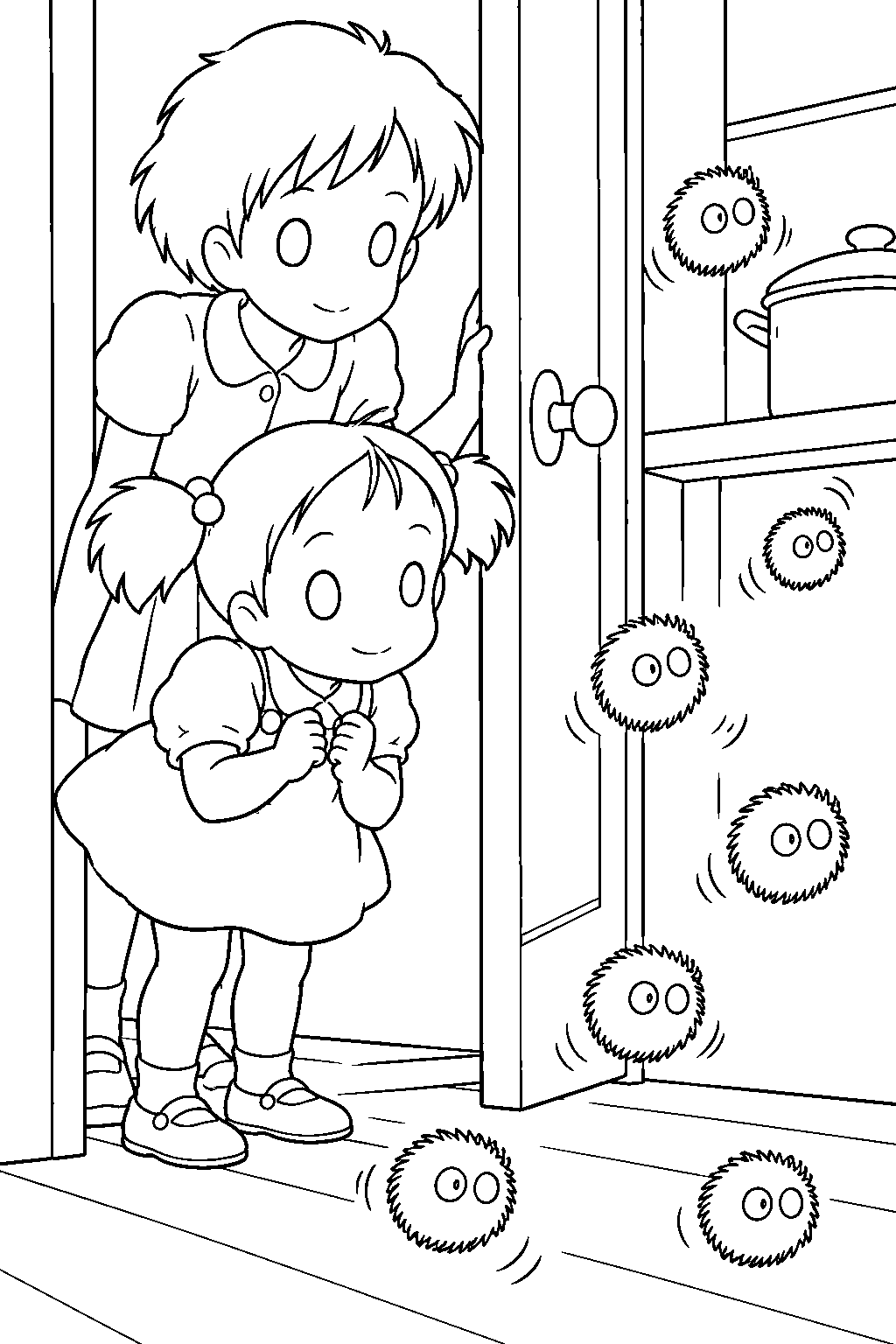 my neighbor totoro mei and satsuki discovering soot sprites in the dark kitchen line art