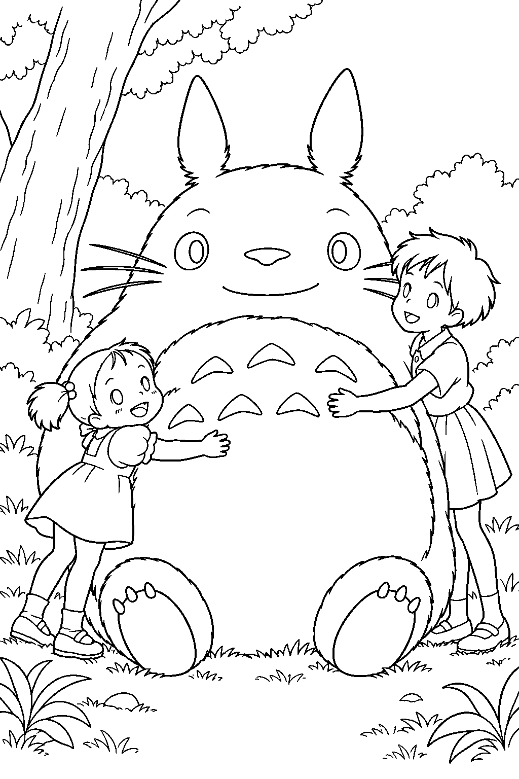 my neighbor totoro mei and satsuki hugging totoro in a forest clearing line art