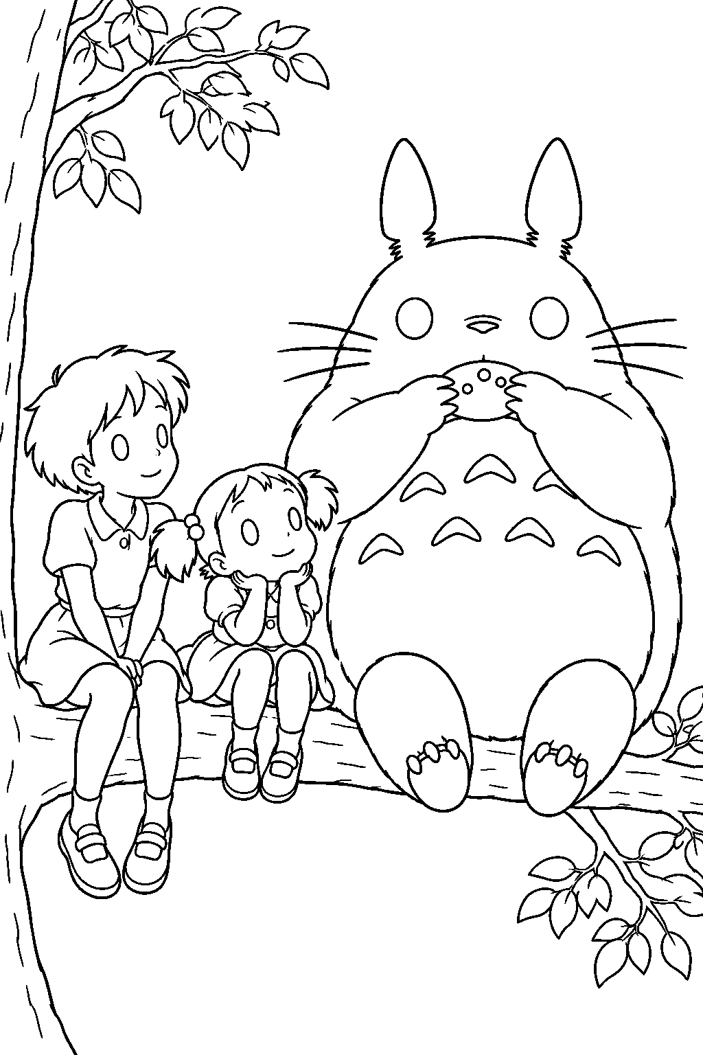 my neighbor totoro mei and satsuki listening to totoro play the ocarina on a tree branch line art