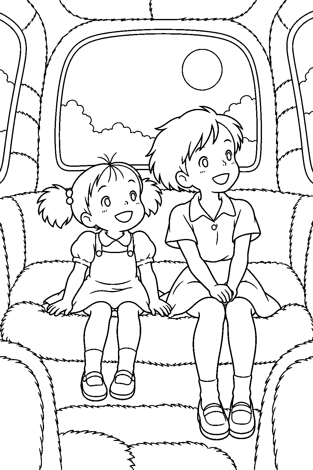 my neighbor totoro mei and satsuki riding inside catbus at night line art