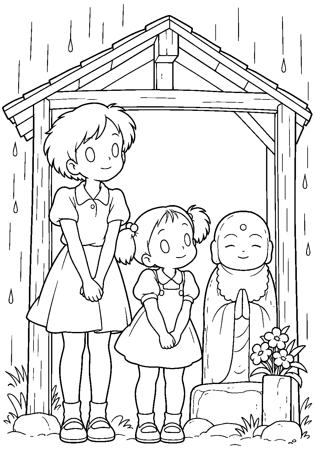 my neighbor totoro mei and satsuki sheltering from rain beside a roadside jizo statue line art