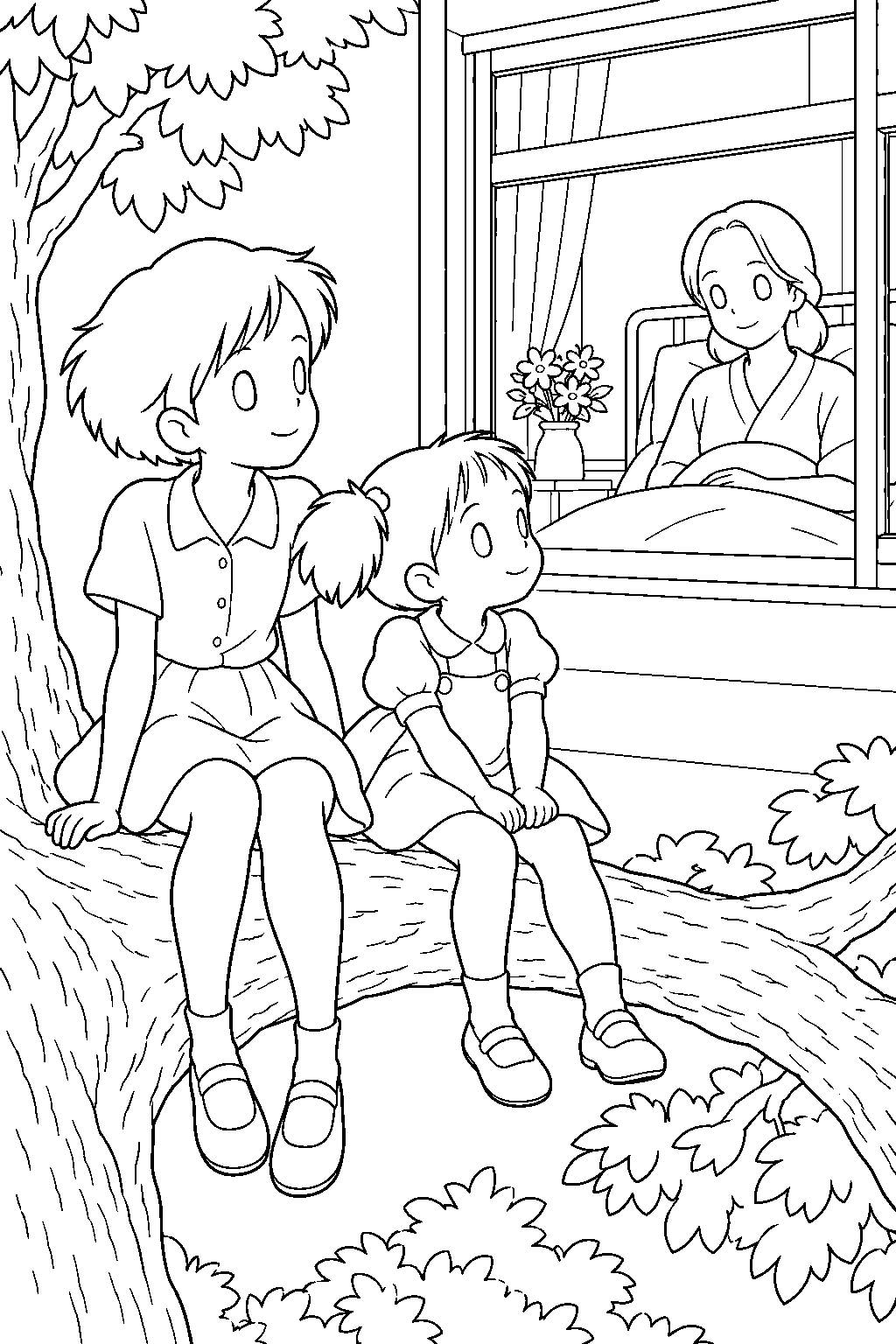 my neighbor totoro mei and satsuki watching their mother s hospital window from a tree line art