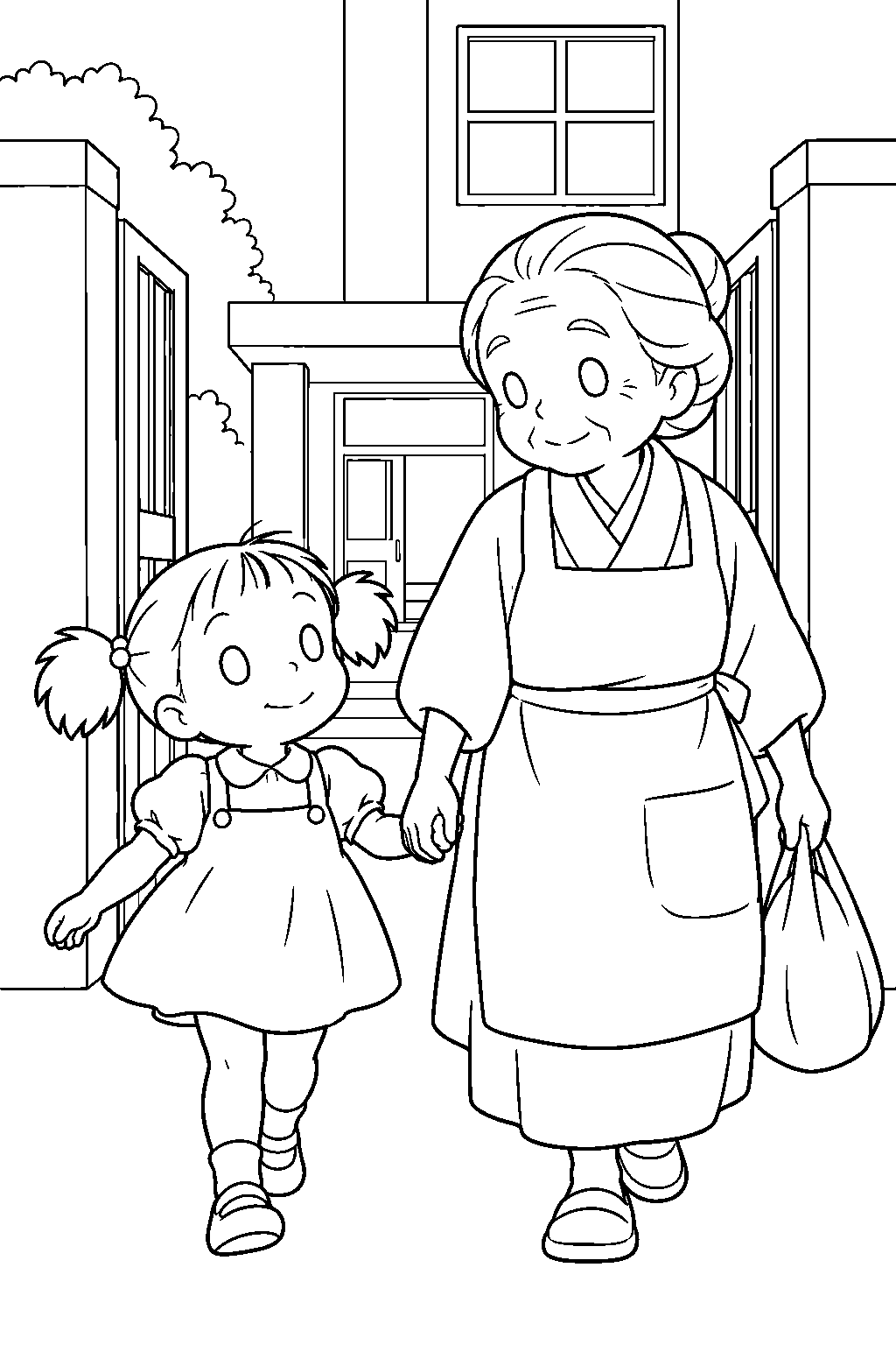 my neighbor totoro mei arriving at satsuki s school with granny line art