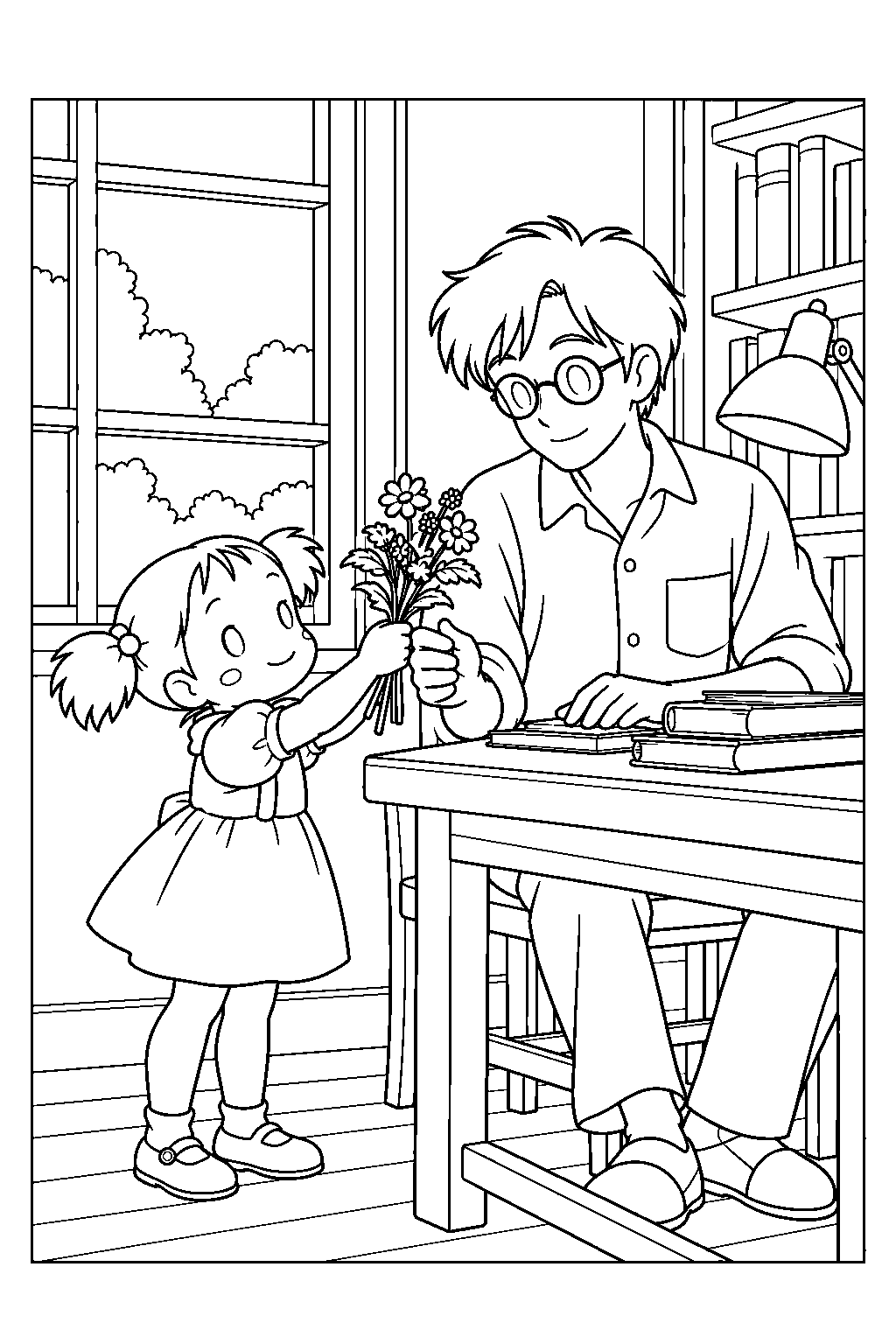my neighbor totoro mei bringing garden flowers to her father s study desk line art