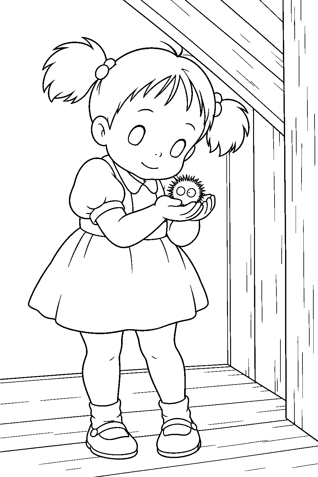 my neighbor totoro mei catching a soot sprite beside the attic wall line art