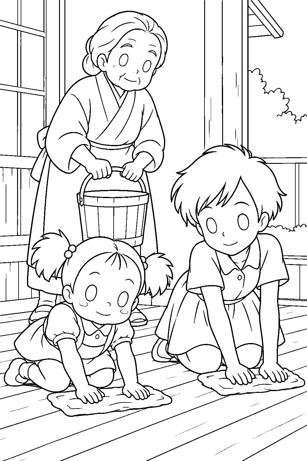 my neighbor totoro mei cleaning the farmhouse floor with satsuki and granny line art