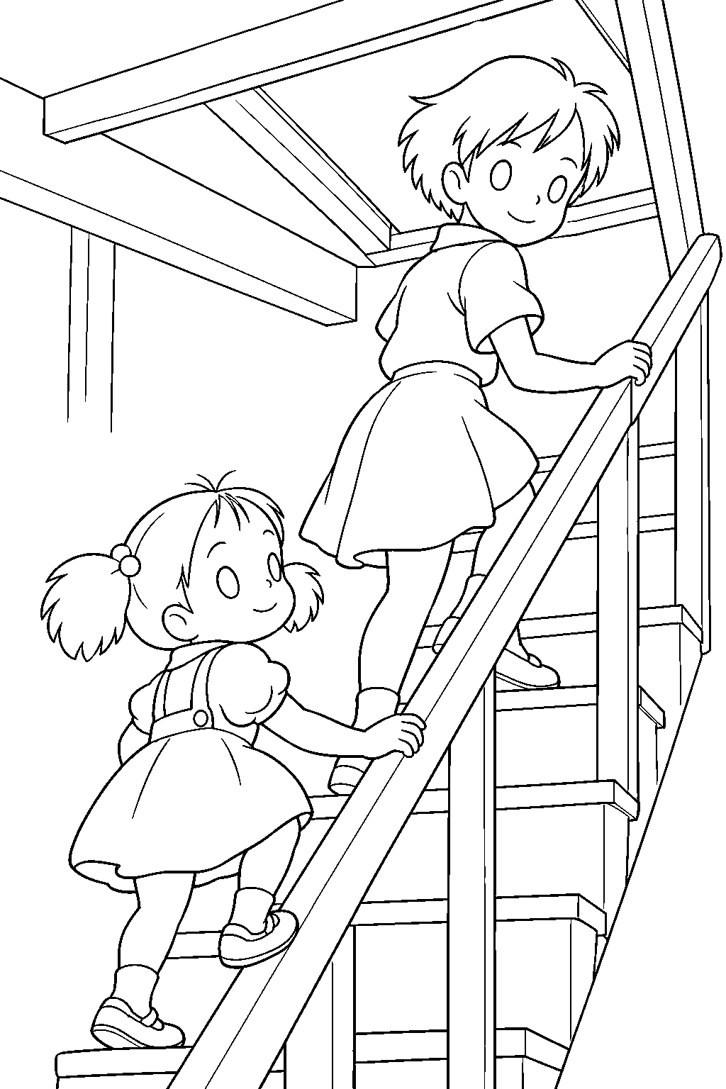 my neighbor totoro mei climbing the attic stairs with satsuki line art