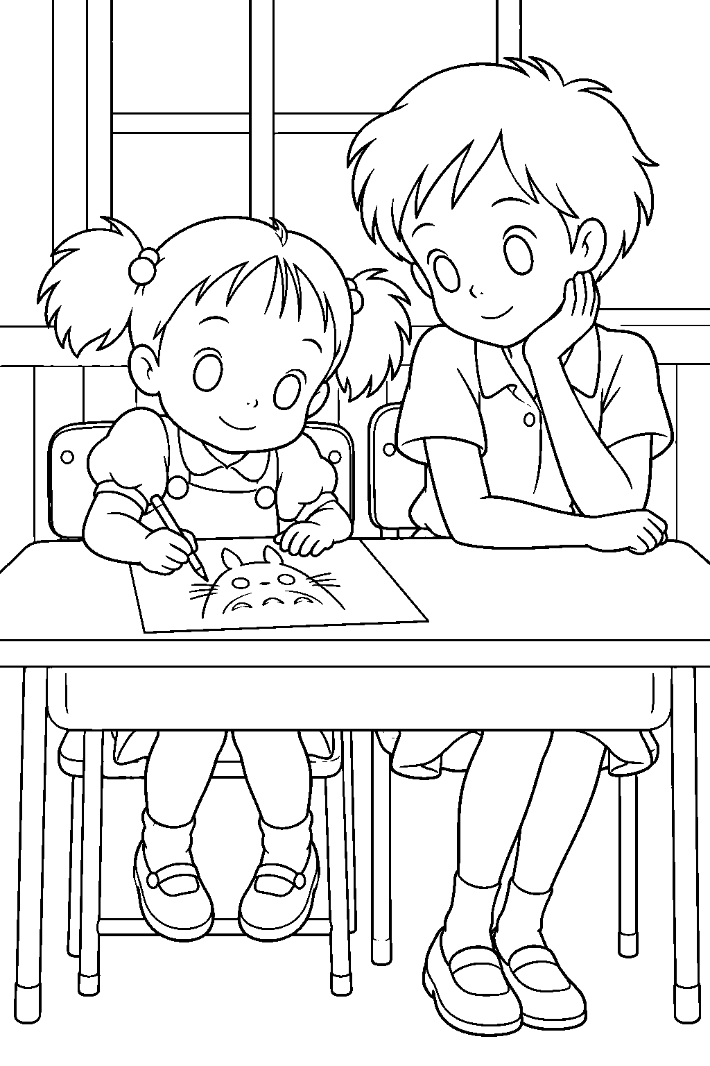 my neighbor totoro mei drawing totoro at a classroom desk beside satsuki line art