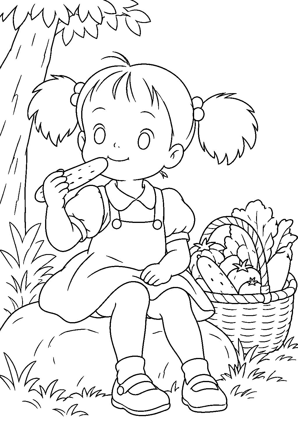 my neighbor totoro mei eating a fresh cucumber beside granny s vegetable basket line art
