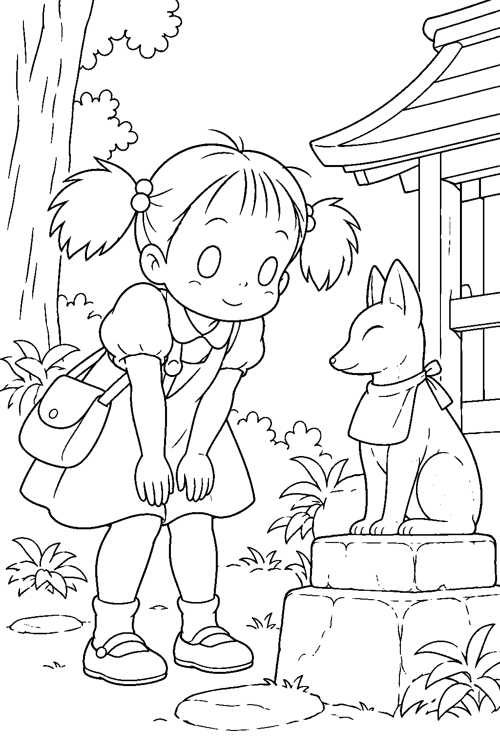 my neighbor totoro mei examining a fox statue at a woodland shrine line art