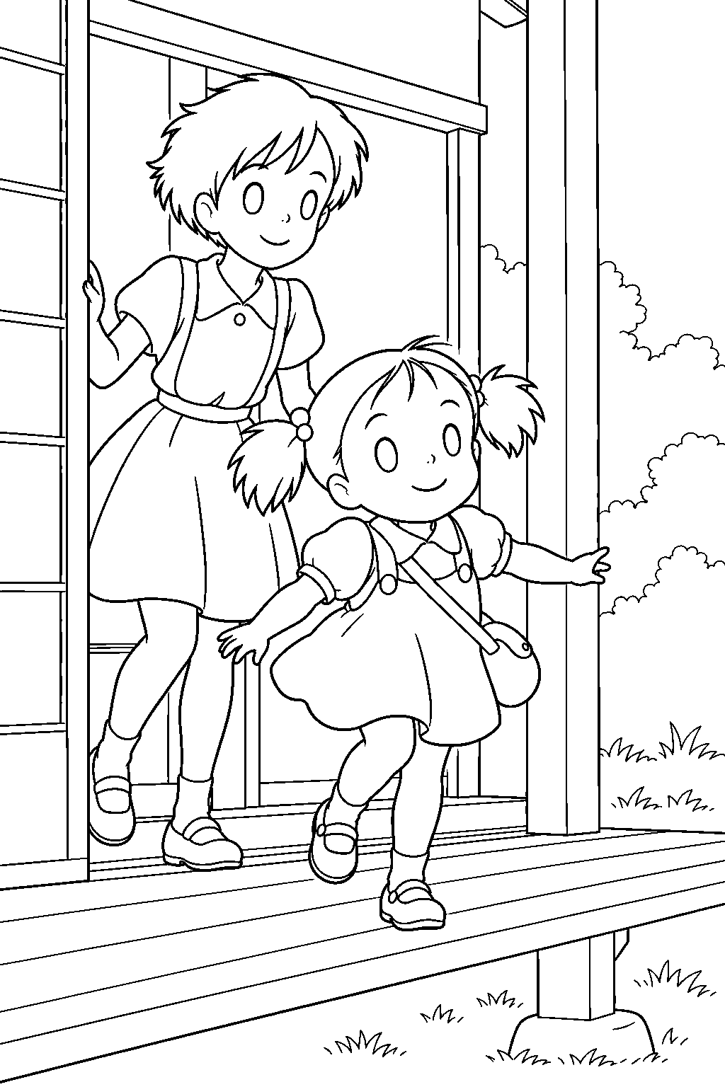 my neighbor totoro mei exploring the new farmhouse with satsuki line art
