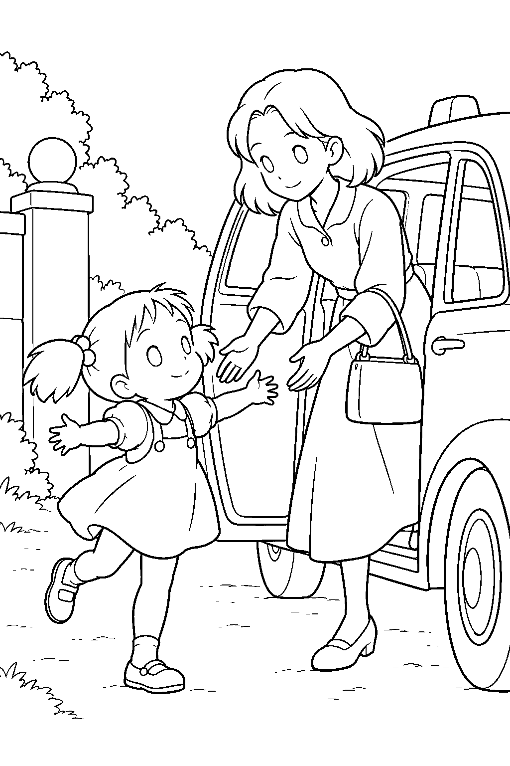 my neighbor totoro mei greeting her mother as she returns home in a taxi line art