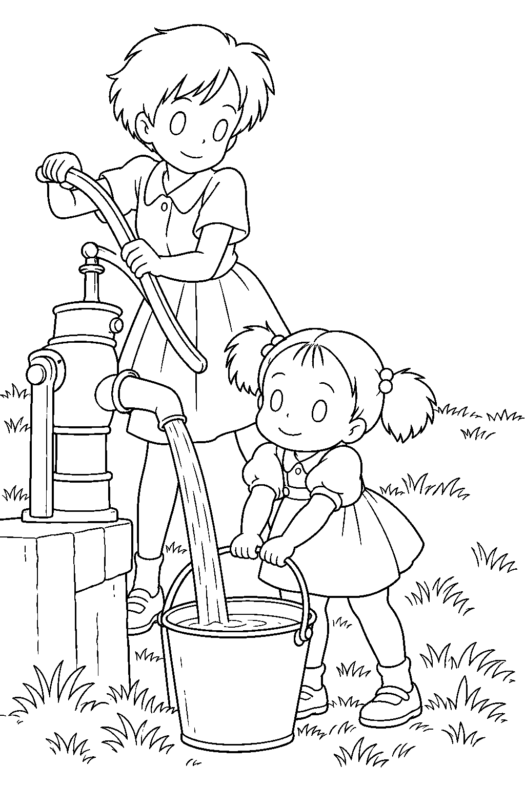my neighbor totoro mei helping satsuki fill a bucket at the garden water pump line art