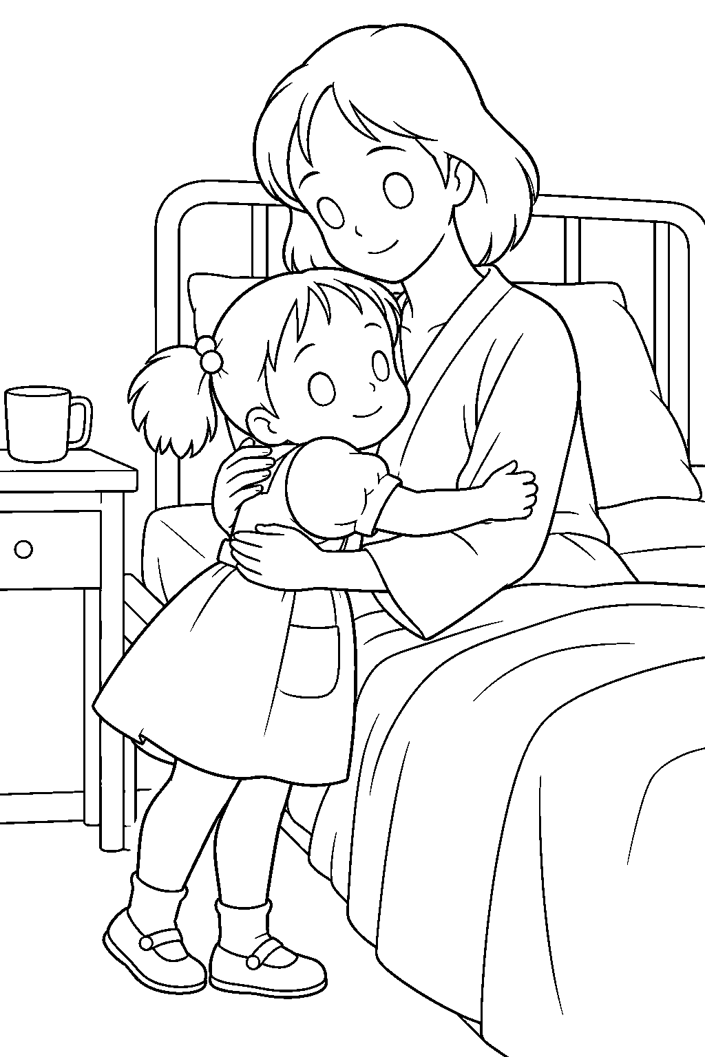 my neighbor totoro mei hugging her mother beside the hospital bed line art