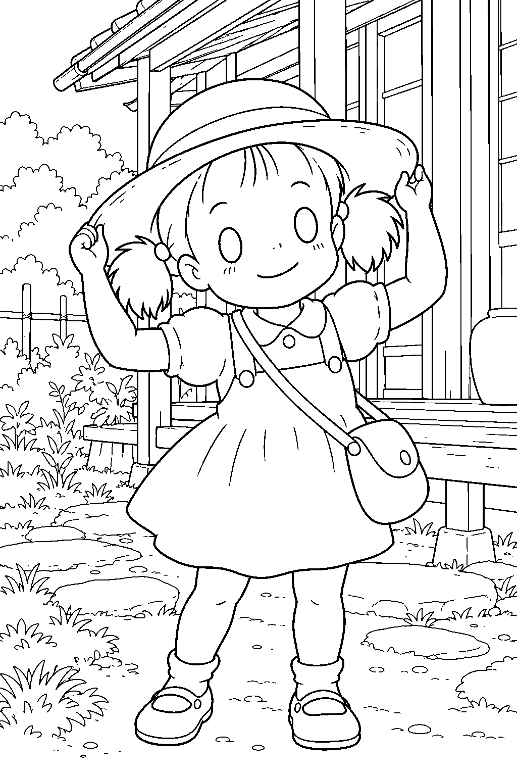 my neighbor totoro mei kusakabe wearing her straw hat outside the country house line art