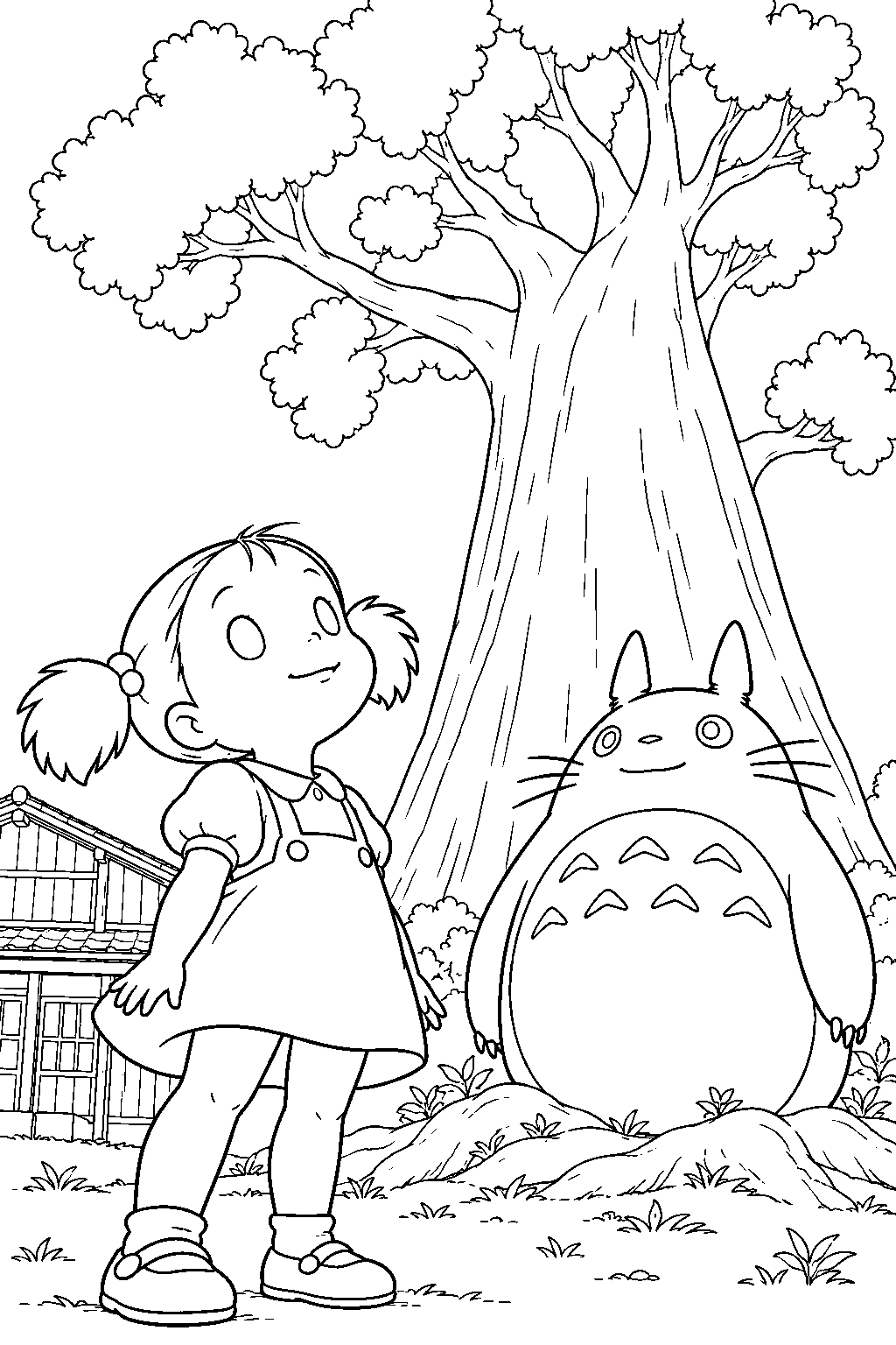 my neighbor totoro mei looking up as totoro s magical tree rises above the farmhouse line art