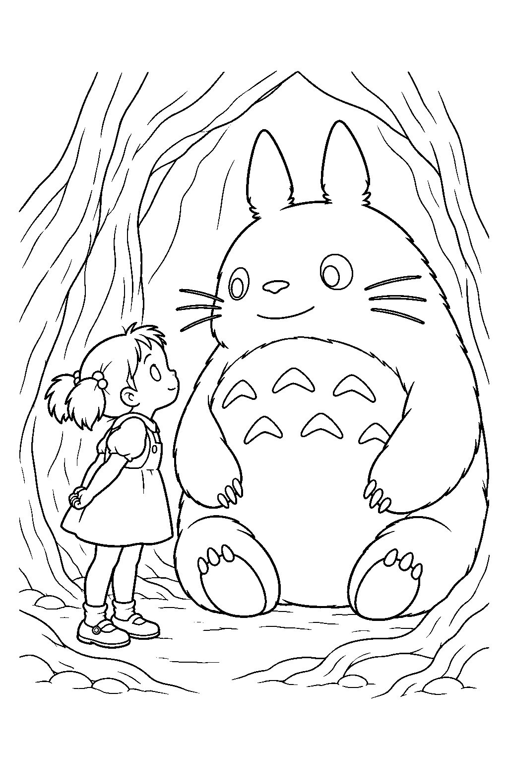 my neighbor totoro mei meeting totoro face to face inside his forest den line art