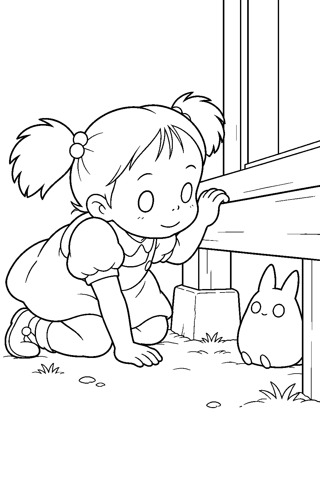 my neighbor totoro mei peeking beneath the porch for chibi totoro line art