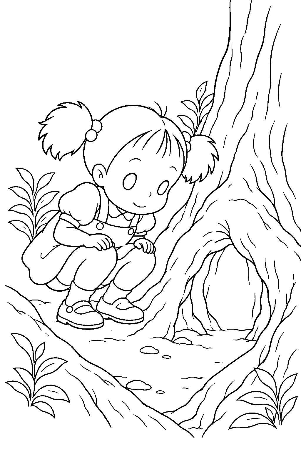 my neighbor totoro mei peering into the hollow beneath the camphor tree roots line art