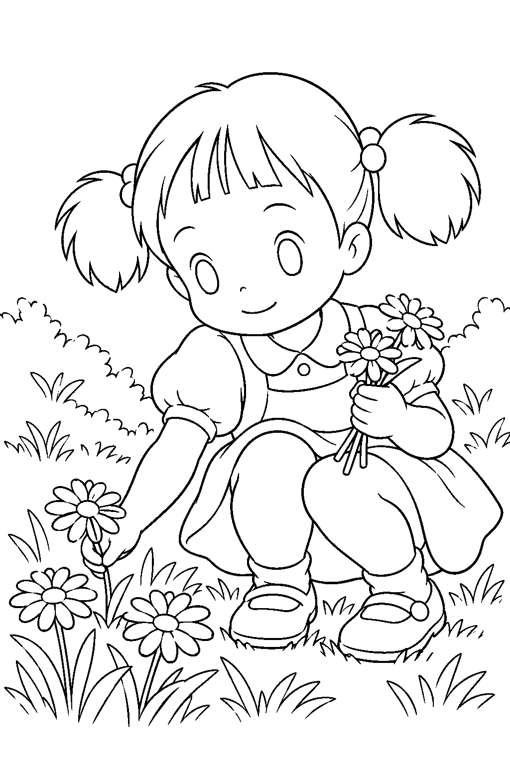 my neighbor totoro mei picking daisies in the garden line art