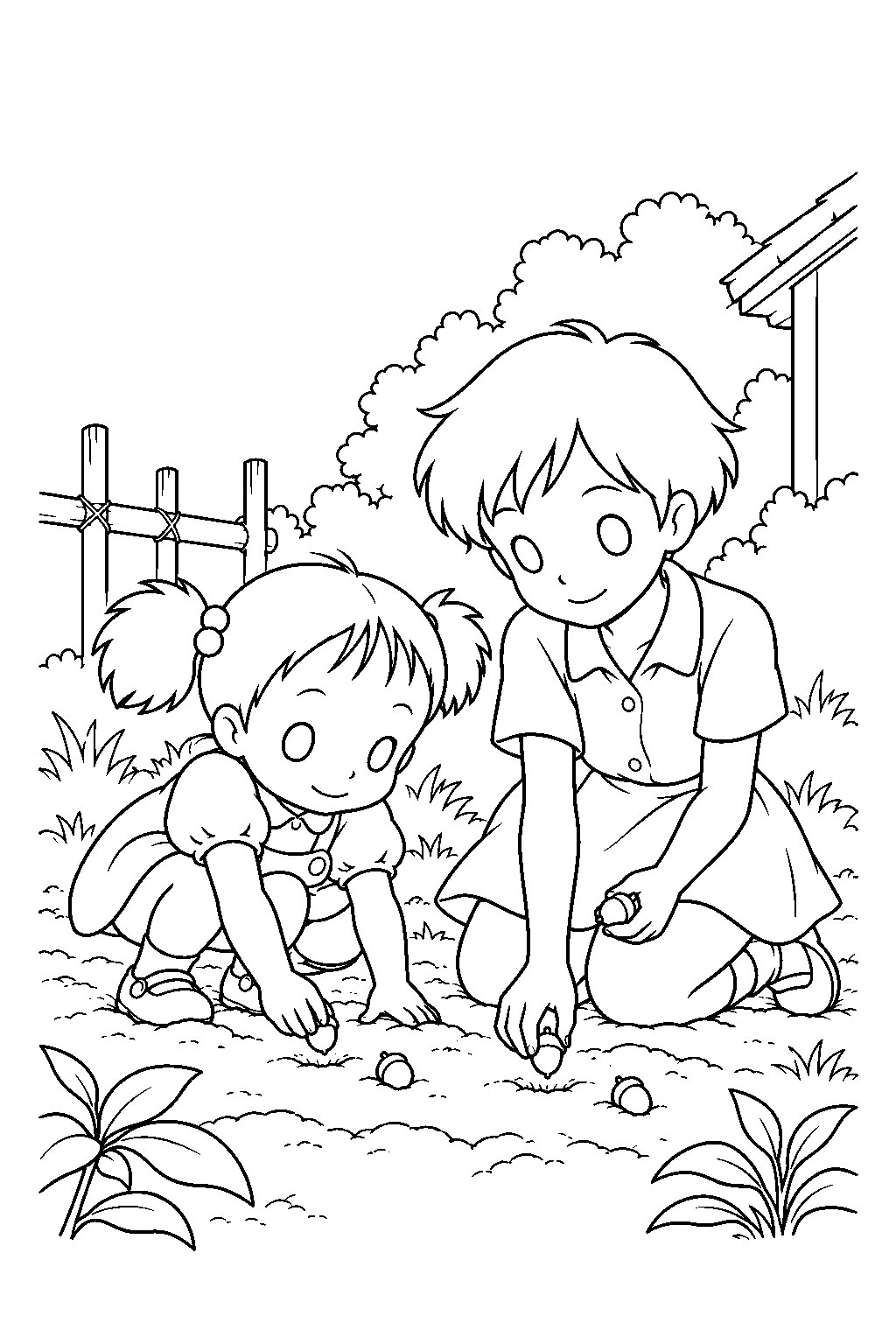 my neighbor totoro mei planting totoro s acorns in the garden with satsuki line art