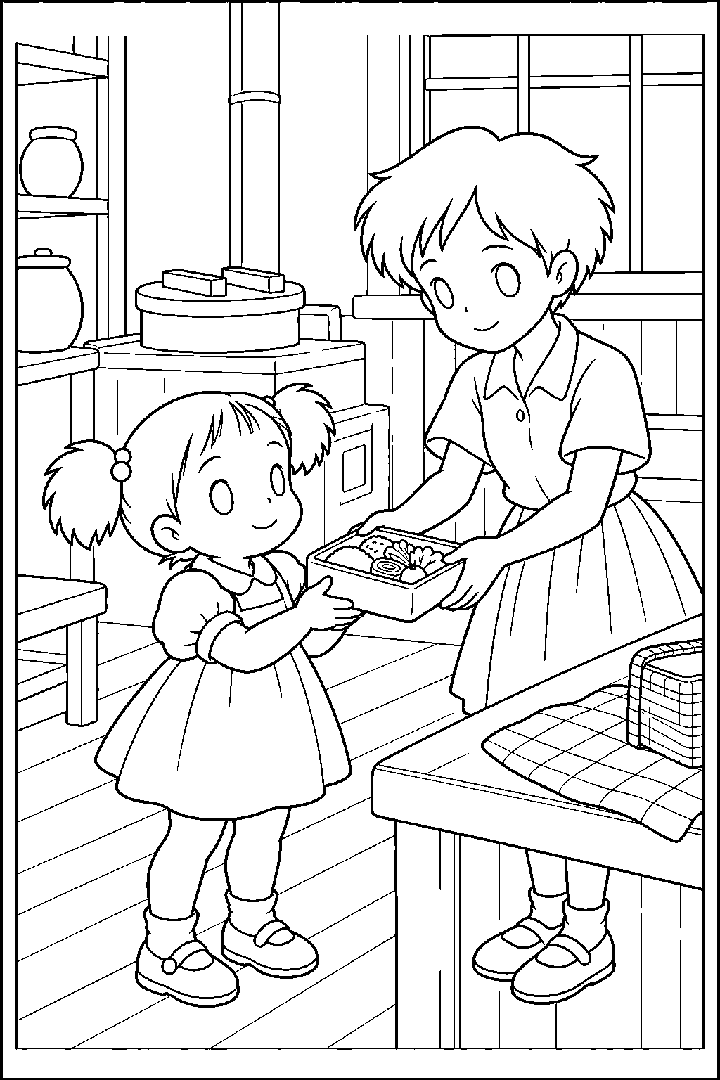my neighbor totoro mei receiving a bento lunch from satsuki in the farmhouse kitchen line art