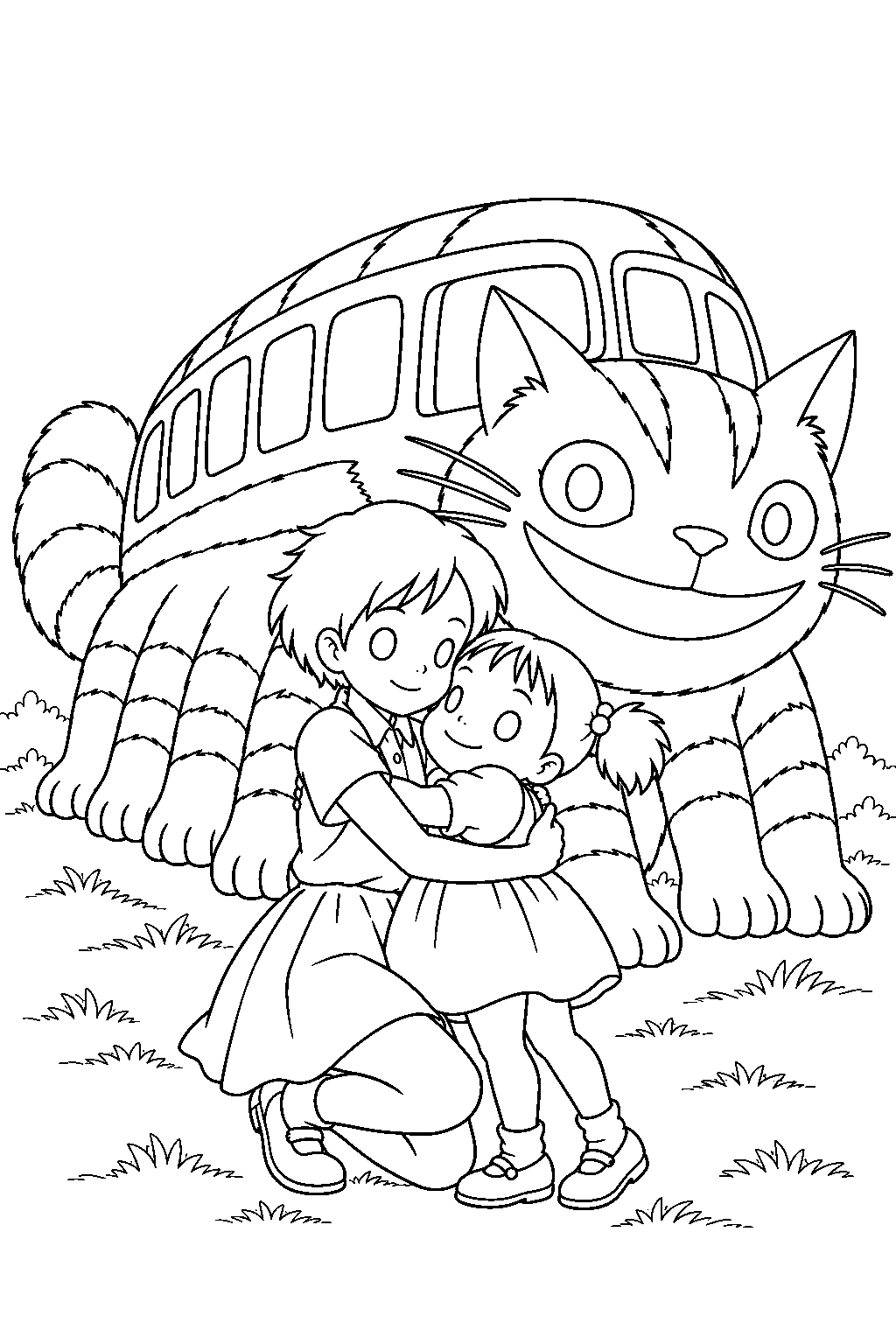 my neighbor totoro mei reuniting with satsuki beside catbus line art